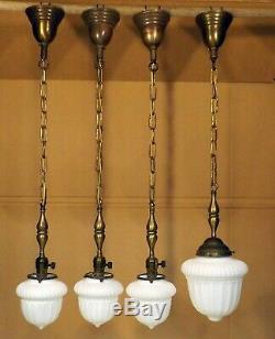 3 MATCHING Antique Victorian Satin Milk Glass Globe Brass Ceiling Pendant Lights