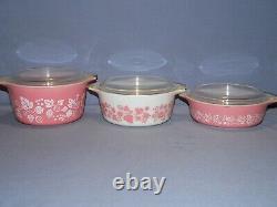 3 PYREX PINK WHITE GOOSEBERRY ROUND CASSEROLES SERVERS withLIDS 473/472/471