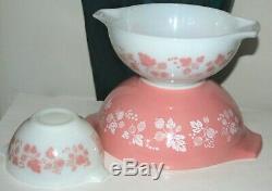 3 Pyrex Pink Gooseberry 444 443 441 Cinderella Mixing Nesting Bowls EXCELLENT