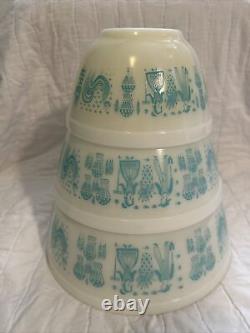 3 VINTAGE PYREX AMISH BUTTERPRINT Bowls TURQUOISE WHITE ROOSTER 401 402 403