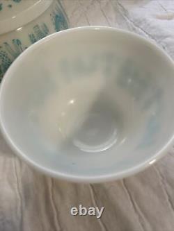 3 VINTAGE PYREX AMISH BUTTERPRINT Bowls TURQUOISE WHITE ROOSTER 401 402 403