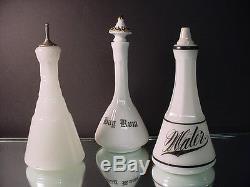3 Victorian Barber Bottles 2 Clamsbroth Plain & Water, & Milk Glass Bay Rum
