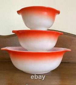 3 Vintage MCM Retro Glasbake Red/Orange and White Milk glass Bowl Set