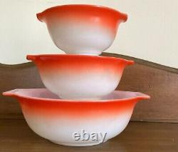 3 Vintage MCM Retro Glasbake Red/Orange and White Milk glass Bowl Set