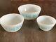 3 Vintage Pyrex Amish Butterprint Turquoise On White Nesting Bowls #401 402 403