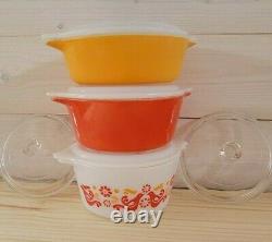 3 Vintage Pyrex Orange White Yellow Friendship Penn Dutch Birds Casserole Bowls