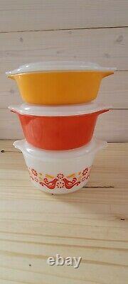 3 Vintage Pyrex Orange White Yellow Friendship Penn Dutch Birds Casserole Bowls