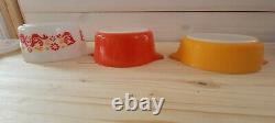 3 Vintage Pyrex Orange White Yellow Friendship Penn Dutch Birds Casserole Bowls