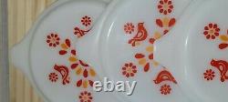 3 Vintage Pyrex Orange White Yellow Friendship Penn Dutch Birds Casserole Bowls