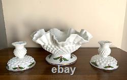 (3) pc Vtg Fenton HOLLY BERRY Milk Glass Hobnail Ruffle Bowl Candlesticks Holder