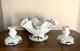 (3) Pc Vtg Fenton Holly Berry Milk Glass Hobnail Ruffle Bowl Candlesticks Holder