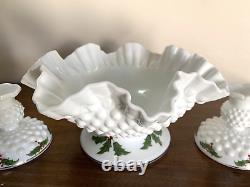 (3) pc Vtg Fenton HOLLY BERRY Milk Glass Hobnail Ruffle Bowl Candlesticks Holder