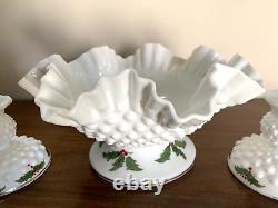 (3) pc Vtg Fenton HOLLY BERRY Milk Glass Hobnail Ruffle Bowl Candlesticks Holder