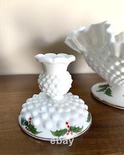 (3) pc Vtg Fenton HOLLY BERRY Milk Glass Hobnail Ruffle Bowl Candlesticks Holder