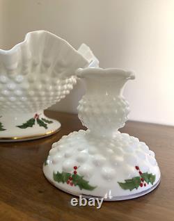 (3) pc Vtg Fenton HOLLY BERRY Milk Glass Hobnail Ruffle Bowl Candlesticks Holder