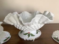 (3) pc Vtg Fenton HOLLY BERRY Milk Glass Hobnail Ruffle Bowl Candlesticks Holder