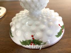 (3) pc Vtg Fenton HOLLY BERRY Milk Glass Hobnail Ruffle Bowl Candlesticks Holder