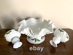 (3) pc Vtg Fenton HOLLY BERRY Milk Glass Hobnail Ruffle Bowl Candlesticks Holder