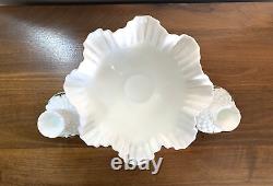 (3) pc Vtg Fenton HOLLY BERRY Milk Glass Hobnail Ruffle Bowl Candlesticks Holder