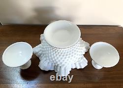 (3) pc Vtg Fenton HOLLY BERRY Milk Glass Hobnail Ruffle Bowl Candlesticks Holder