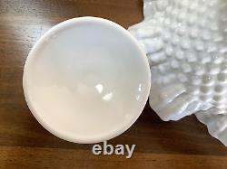 (3) pc Vtg Fenton HOLLY BERRY Milk Glass Hobnail Ruffle Bowl Candlesticks Holder