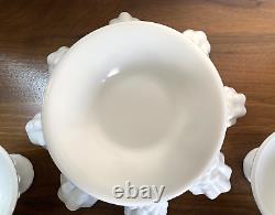 (3) pc Vtg Fenton HOLLY BERRY Milk Glass Hobnail Ruffle Bowl Candlesticks Holder