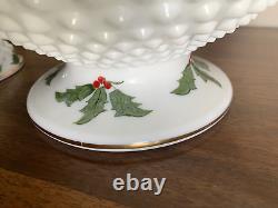 (3) pc Vtg Fenton HOLLY BERRY Milk Glass Hobnail Ruffle Bowl Candlesticks Holder