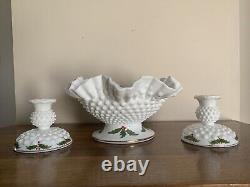 (3) pc Vtg Fenton HOLLY BERRY Milk Glass Hobnail Ruffle Bowl Candlesticks Holder