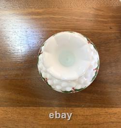 (3) pc Vtg Fenton HOLLY BERRY Milk Glass Hobnail Ruffle Bowl Candlesticks Holder