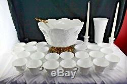30 Piece Lancaster Colony, Harvest Milk Glass Grapes And Leaves Punch Bowl Set
