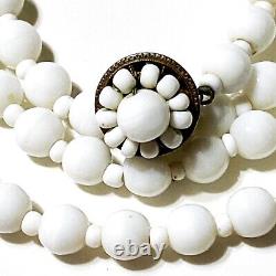 30 Signed MIRIAM HASKELL White Milk Glass Flower Clasp Beaded Necklace L1