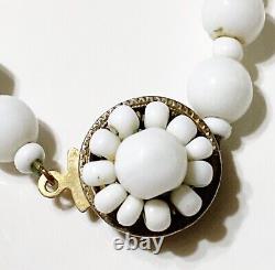 30 Signed MIRIAM HASKELL White Milk Glass Flower Clasp Beaded Necklace L1