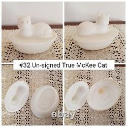 #32 McKee Milk Glass Covered Dish Cat