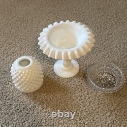 3pc FENTON MILK GLASS HOBNAIL PEDESTAL FAIRY LAMP LIGHT