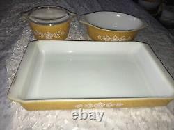 3pc PYREX 933 043 with Lid & 473 BUTTERFLY GOLD Milk Glass CASSEROLE Set YELLOW