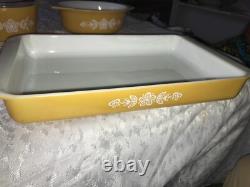 3pc PYREX 933 043 with Lid & 473 BUTTERFLY GOLD Milk Glass CASSEROLE Set YELLOW