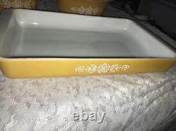 3pc PYREX 933 043 with Lid & 473 BUTTERFLY GOLD Milk Glass CASSEROLE Set YELLOW