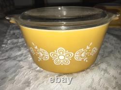 3pc PYREX 933 043 with Lid & 473 BUTTERFLY GOLD Milk Glass CASSEROLE Set YELLOW