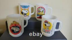 4 FIRE KING ANCHOR HOCKING SNOOPY The president COLLECTOR'S MILK GLASS MUGS