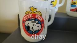 4 FIRE KING ANCHOR HOCKING SNOOPY The president COLLECTOR'S MILK GLASS MUGS