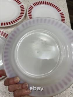 4 Hazel Atlas Milk Glass Red Candy Stripe 9 inch Plates