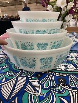 4 Pc Set Pyrex Amish Butterprint Mixing Bowls Turquoise White 401 402 403 404