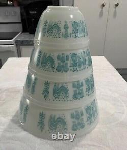 4 Pc Set Pyrex Amish Butterprint Mixing Bowls Turquoise White 401-404 Excellent