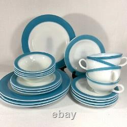 4 VTG Mid Century Pyrex White Milk Glass Turquoise Blue Band 50s Dinnerware Sets