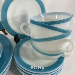 4 VTG Mid Century Pyrex White Milk Glass Turquoise Blue Band 50s Dinnerware Sets