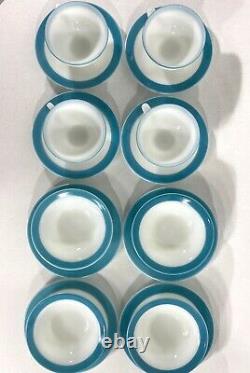 4 VTG Mid Century Pyrex White Milk Glass Turquoise Blue Band 50s Dinnerware Sets