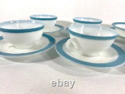 4 VTG Mid Century Pyrex White Milk Glass Turquoise Blue Band 50s Dinnerware Sets