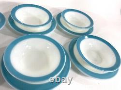 4 VTG Mid Century Pyrex White Milk Glass Turquoise Blue Band 50s Dinnerware Sets