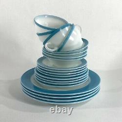 4 VTG Mid Century Pyrex White Milk Glass Turquoise Blue Band 50s Dinnerware Sets