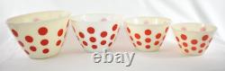 4 Vintage FIRE KING RED POLKA DOT Oven Ware Milk Glass Set Mixing Nesting Bowls